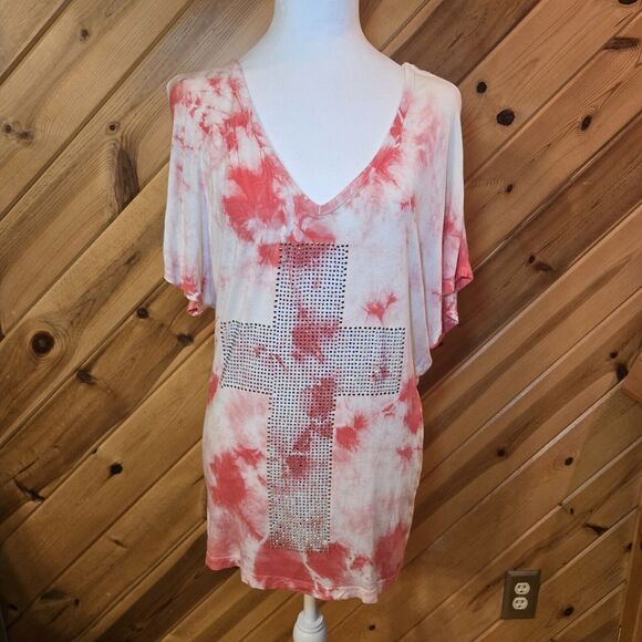 VOCAL Pink Tie Dye Studded Cross V Neck Short Sleeve Ed Hardy Style Med USA Made - Picture 2 of 8